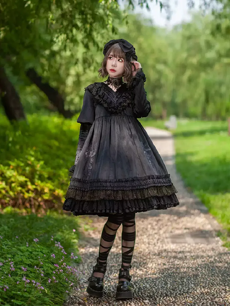Elegant autumn Lolita outfit with embroidered Holy Fruit Manor OP dress and vintage lace details