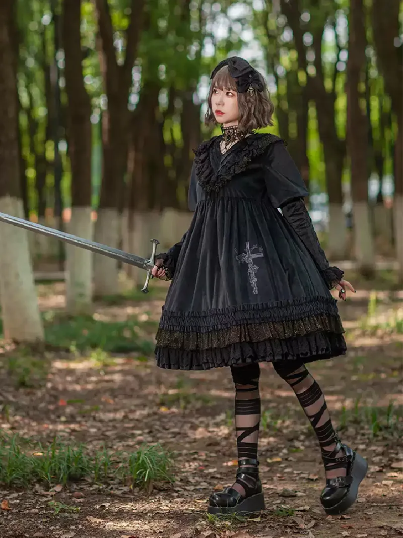 Elegant autumn Lolita outfit with embroidered Holy Fruit Manor OP dress and vintage lace details