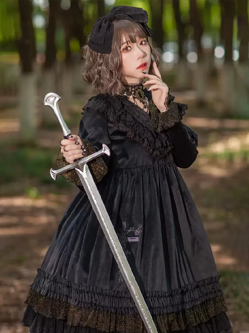 Elegant autumn Lolita outfit with embroidered Holy Fruit Manor OP dress and vintage lace details