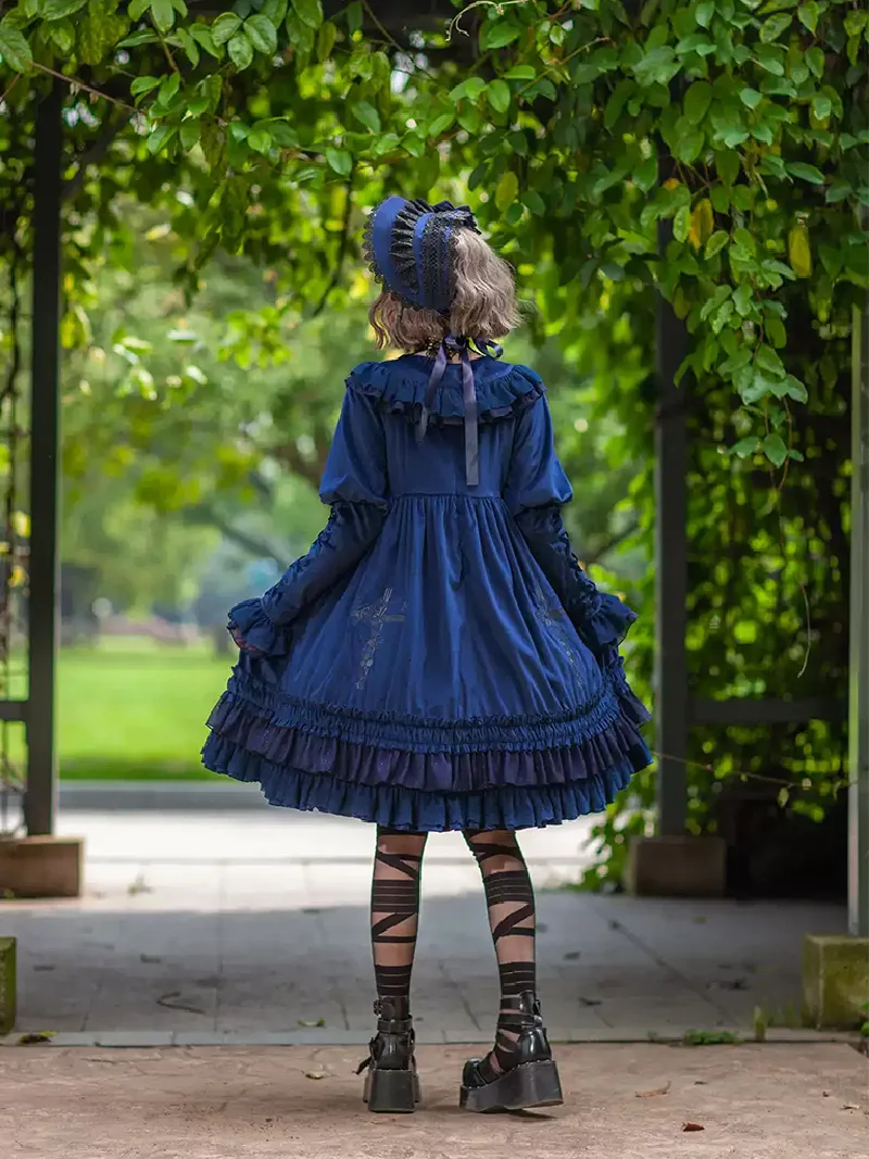 Elegant autumn Lolita outfit with embroidered Holy Fruit Manor OP dress and vintage lace details