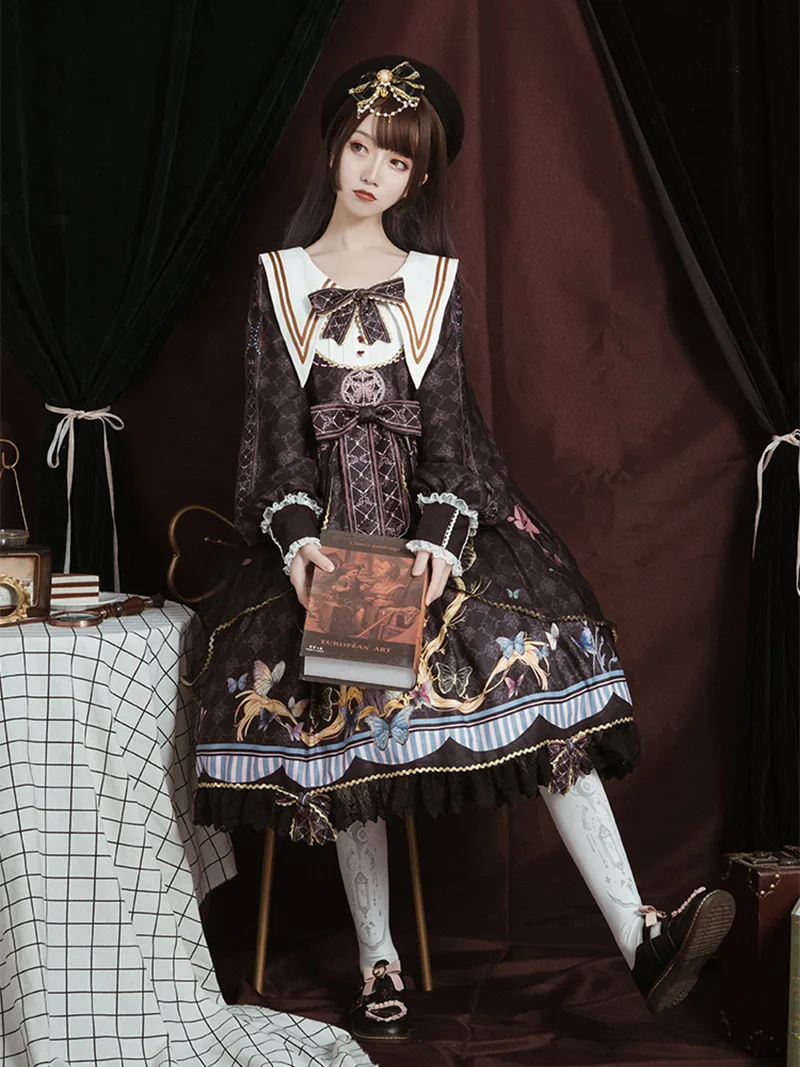 Elegant lolita outfit dress to impress with Butterfly OP, cute and comfortable plus-size design for daily wear
