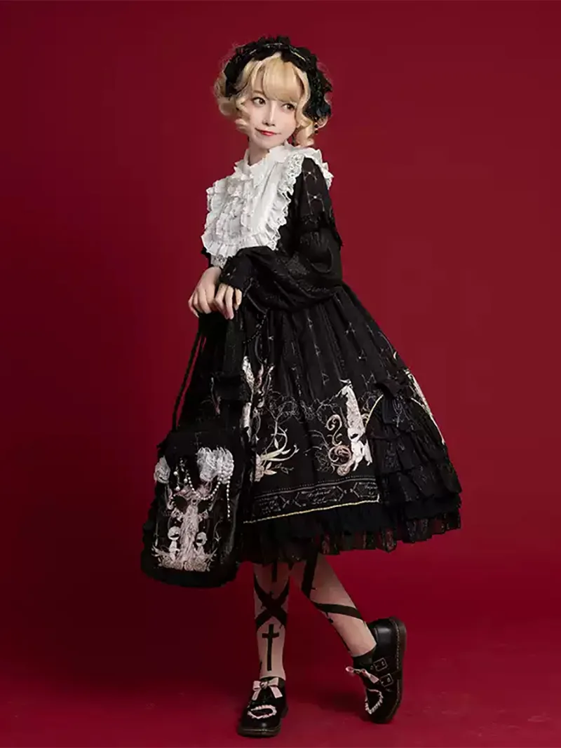 Lolita outfits original elegant long-sleeve OP dress with cute and classic design for daily lolita fashion style