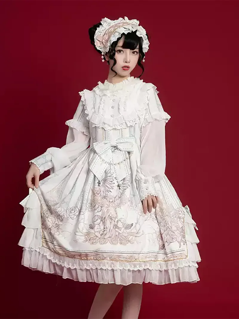 Lolita outfits original elegant long-sleeve OP dress with cute and classic design for daily lolita fashion style