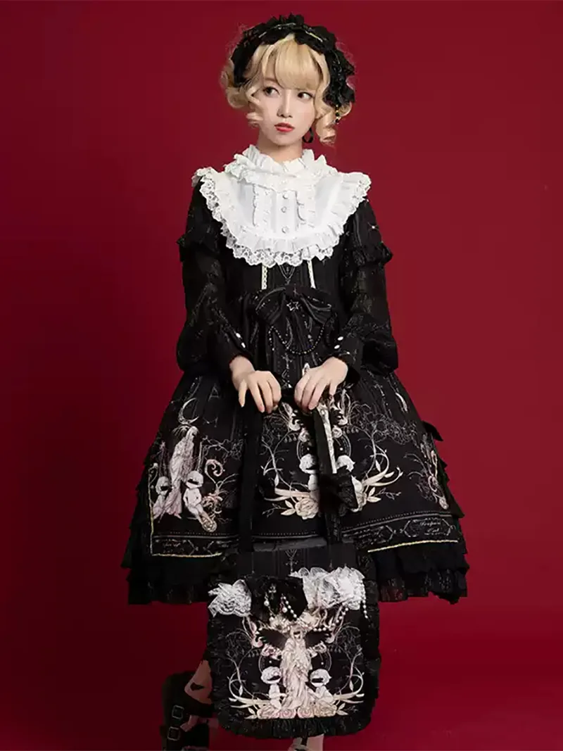 Lolita outfits original elegant long-sleeve OP dress with cute and classic design for daily lolita fashion style