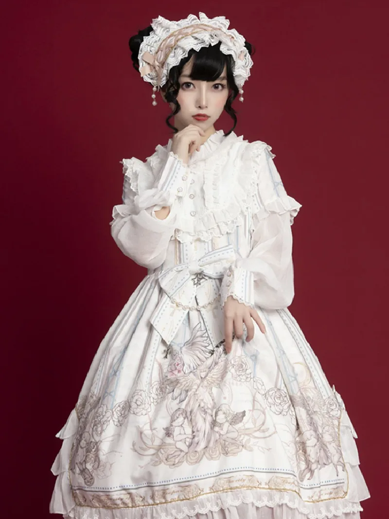 Lolita outfits original elegant long-sleeve OP dress with cute and classic design for daily lolita fashion style