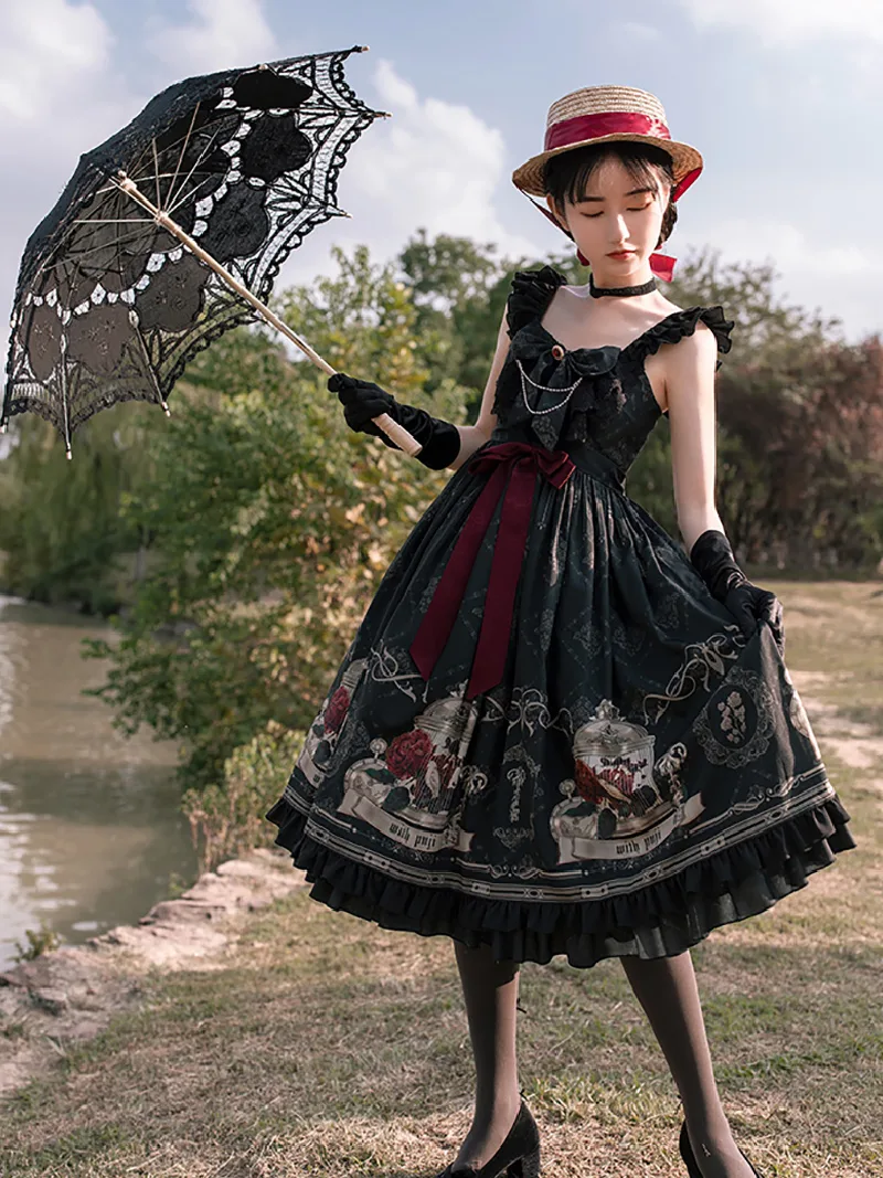 Lollita fashion Nightingale and Rose JSK withpuji original lolita dress featuring elegant rose and birdcage print design