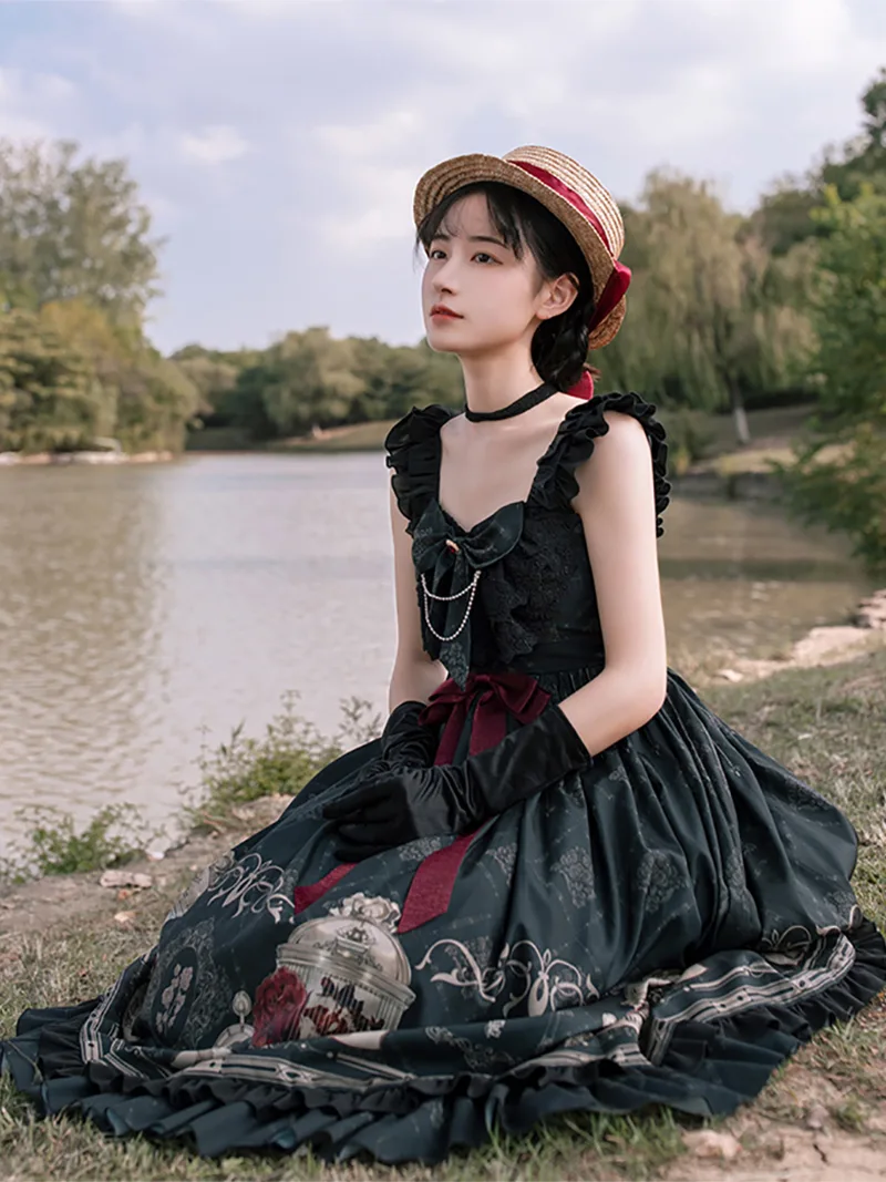 Lollita fashion Nightingale and Rose JSK withpuji original lolita dress featuring elegant rose and birdcage print design