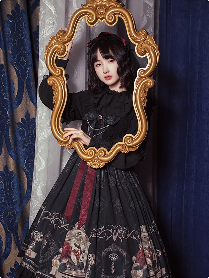 Lollita fashion Nightingale and Rose JSK withpuji original lolita dress featuring elegant rose and birdcage print design