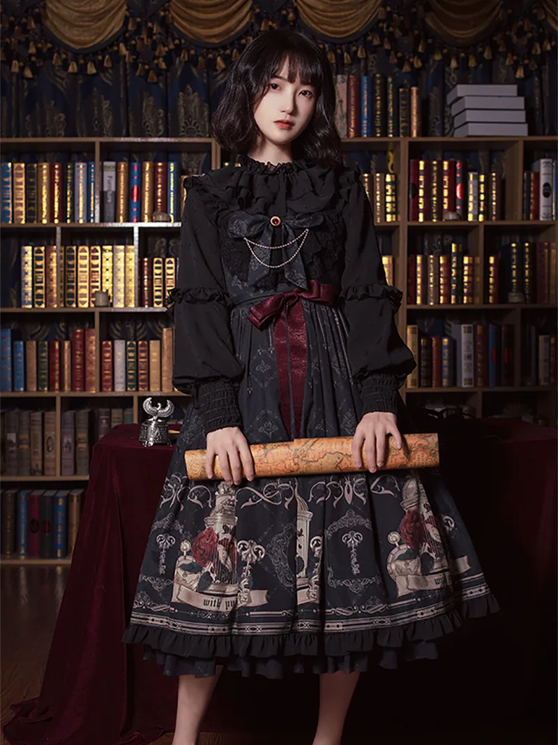 Lollita fashion Nightingale and Rose JSK withpuji original lolita dress featuring elegant rose and birdcage print design