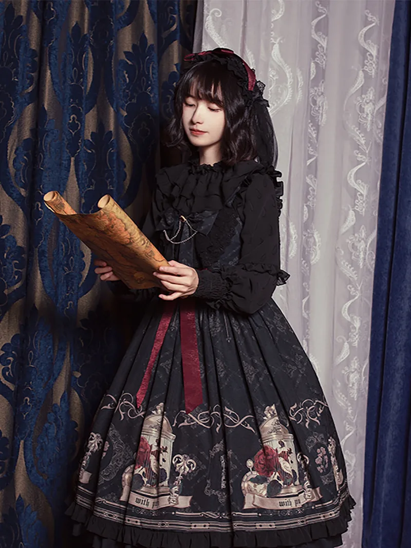 Lollita fashion Nightingale and Rose JSK withpuji original lolita dress featuring elegant rose and birdcage print design