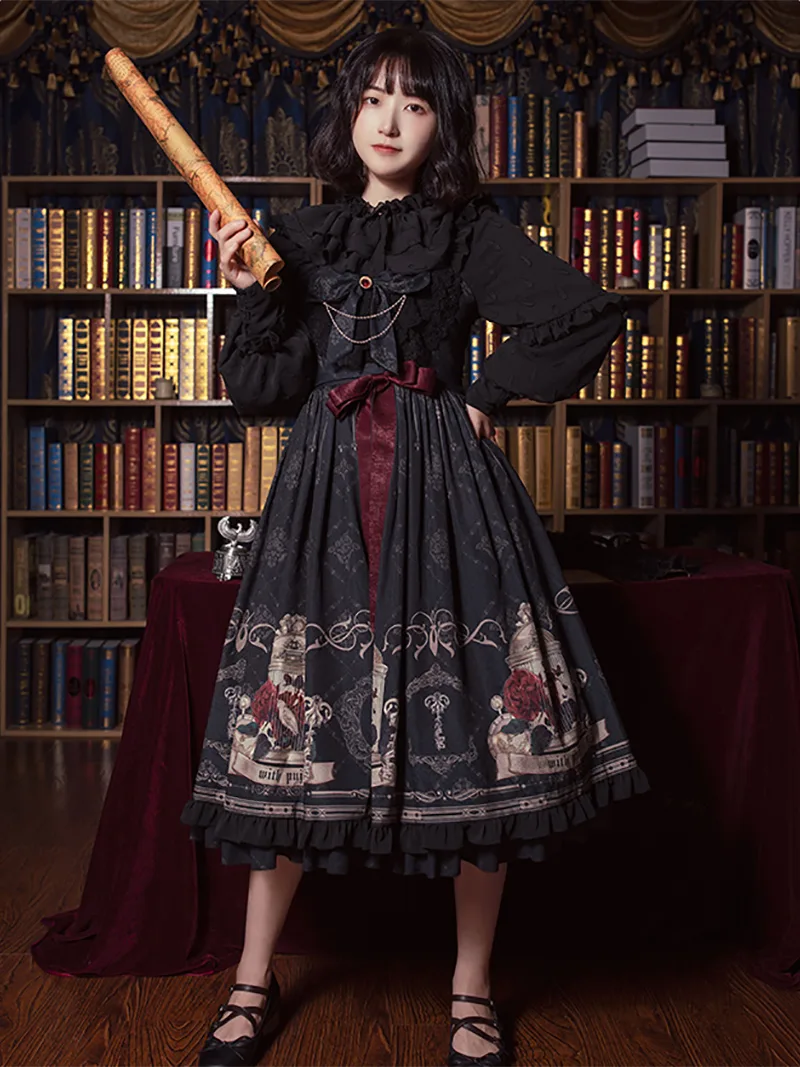 Lollita fashion Nightingale and Rose JSK withpuji original lolita dress featuring elegant rose and birdcage print design