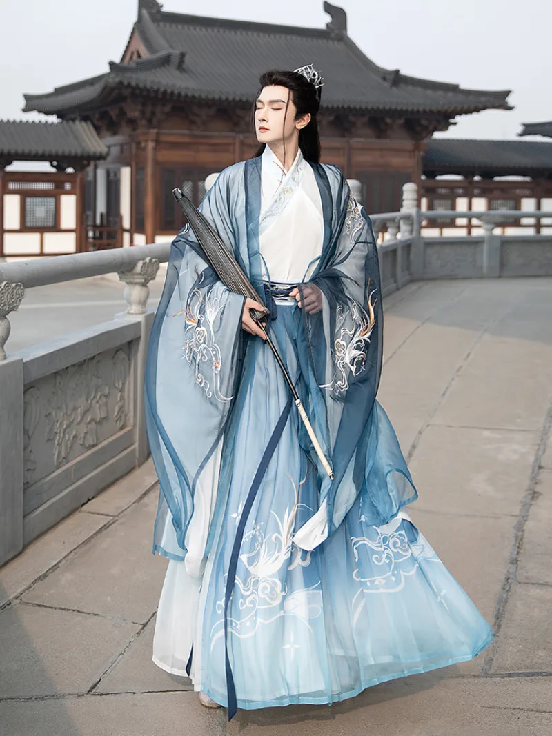 Male hanfu knight outfit with cross-collar top and flowing skirt in traditional Chinese style