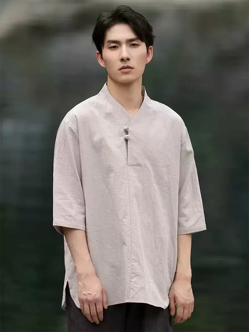 Men's Tang Suit summer short sleeve linen-cotton shirt with V-neck and traditional Chinese frog buttons