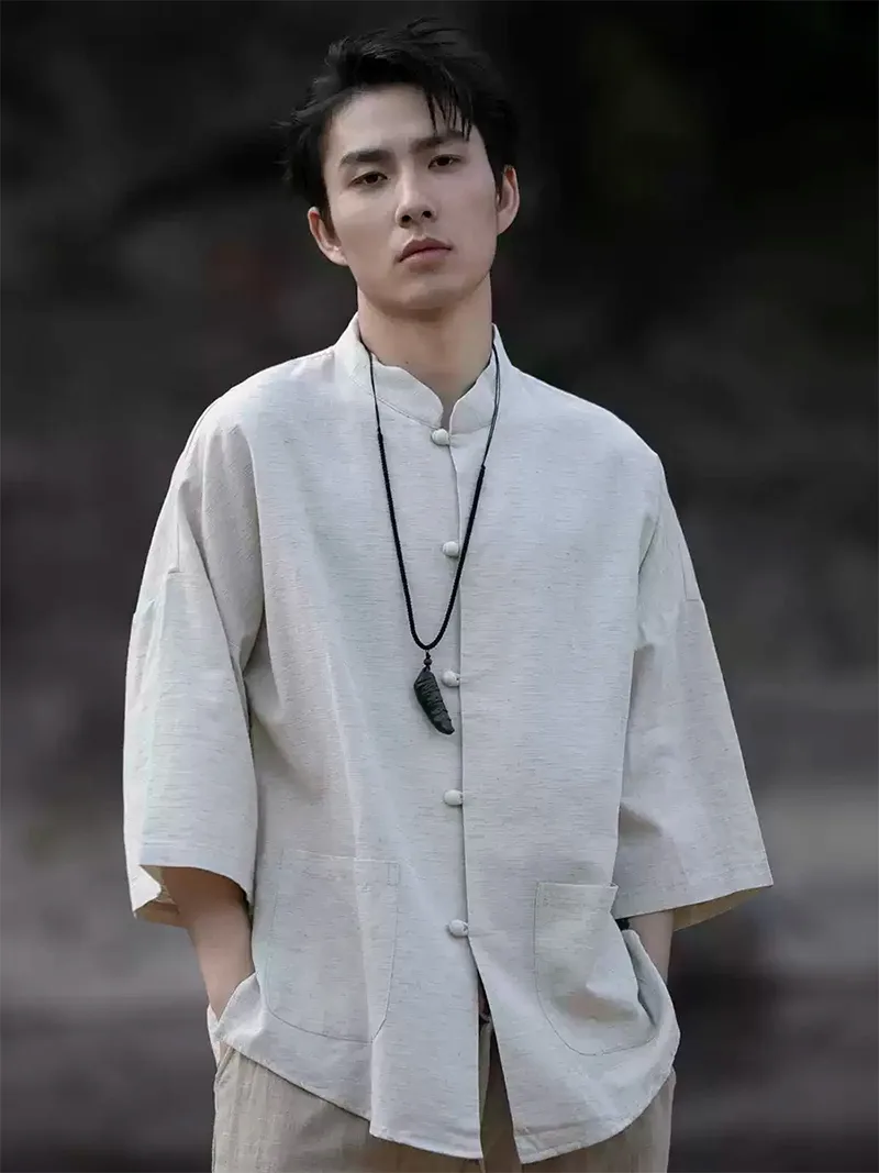 Mens Tang suit linen Chinese shirt with 3/4 sleeves, casual lightweight summer top for men