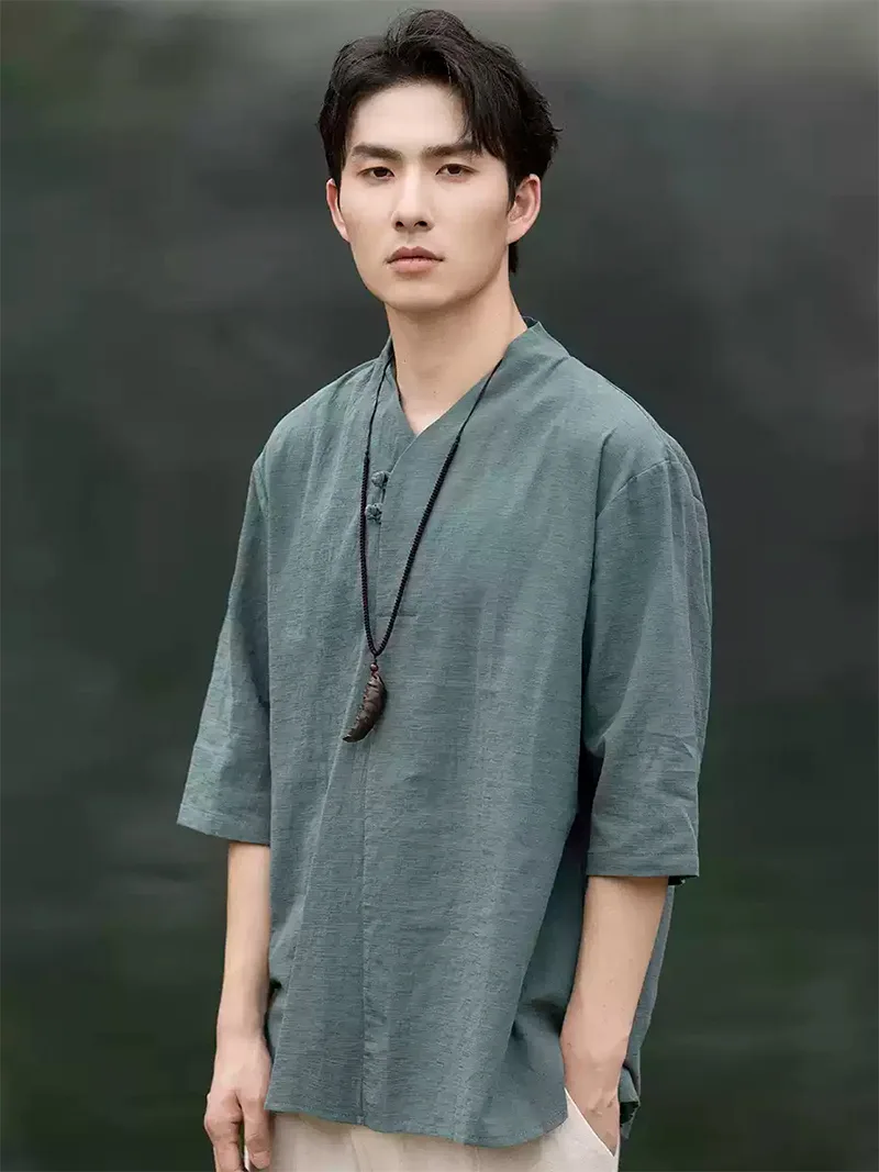 Men's Tang Suit summer short sleeve linen-cotton shirt with V-neck and traditional Chinese frog buttons