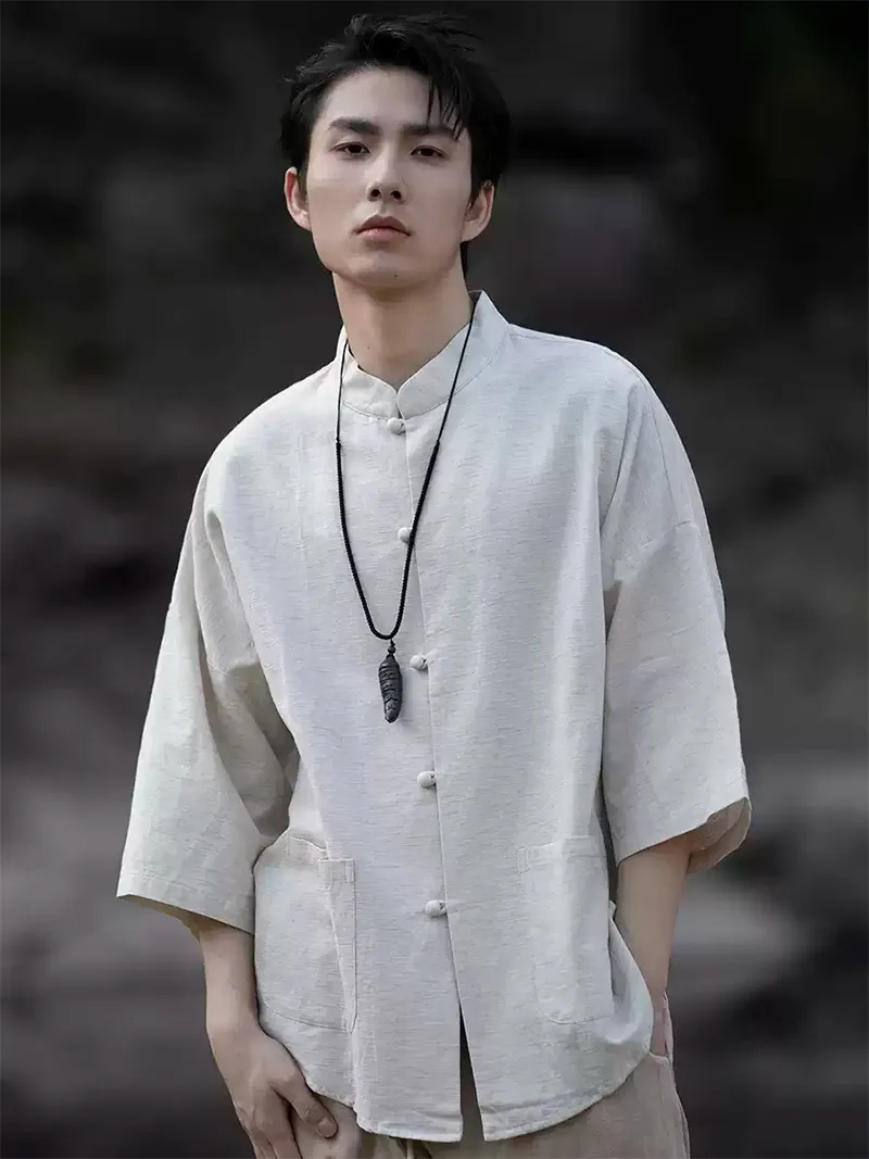 Mens Tang suit linen Chinese shirt with 3/4 sleeves, casual lightweight summer top for men