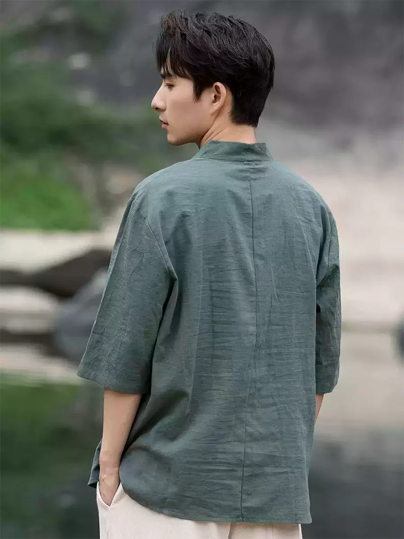 Men's Tang Suit summer short sleeve linen-cotton shirt with V-neck and traditional Chinese frog buttons