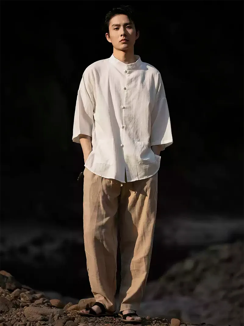 Mens Tang suit linen Chinese shirt with 3/4 sleeves, casual lightweight summer top for men