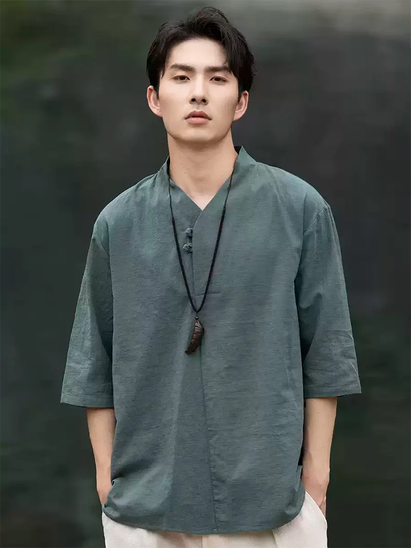 Men's Tang Suit summer short sleeve linen-cotton shirt with V-neck and traditional Chinese frog buttons