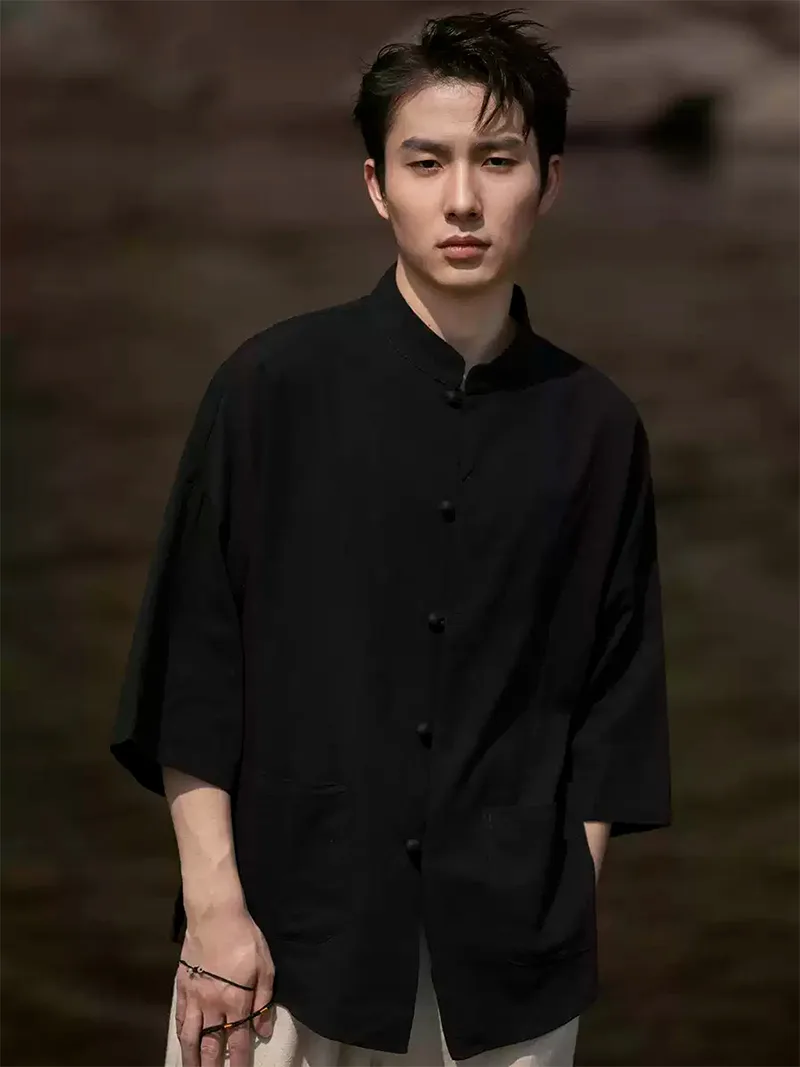 Mens Tang suit linen Chinese shirt with 3/4 sleeves, casual lightweight summer top for men
