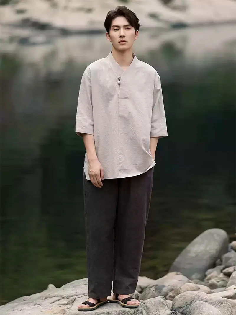 Men's Tang Suit summer short sleeve linen-cotton shirt with V-neck and traditional Chinese frog buttons