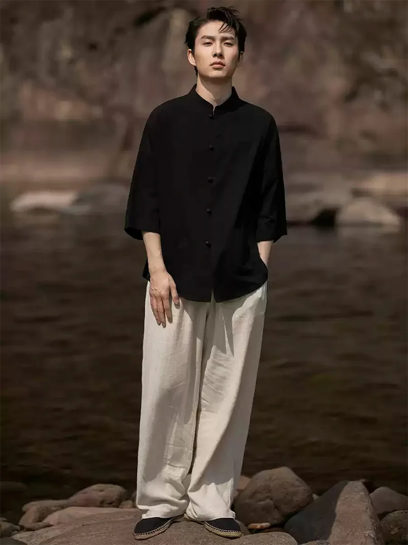 Mens Tang suit linen Chinese shirt with 3/4 sleeves, casual lightweight summer top for men