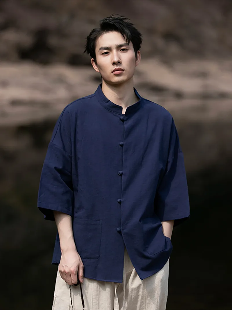 Mens Tang suit linen Chinese shirt with 3/4 sleeves, casual lightweight summer top for men