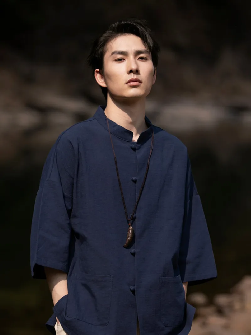 Mens Tang suit linen Chinese shirt with 3/4 sleeves, casual lightweight summer top for men