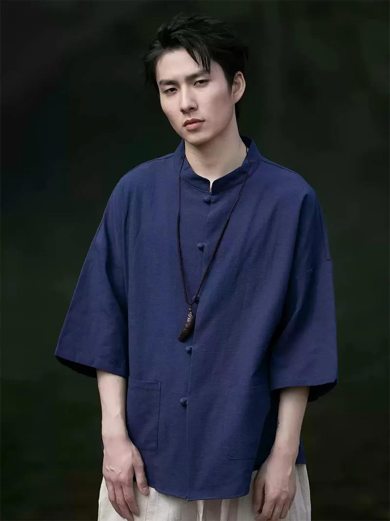 Modern Tang suit, Chinese linen Mandarin collar shirt, men’s casual summer cotton-linen short sleeve Tang-style fashion