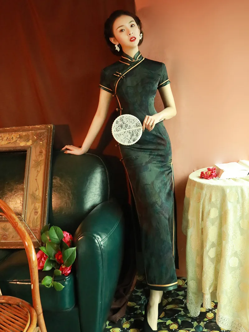 Elegant qipao dress traditional with modern Chinese design, vintage charm, and graceful long silhouette