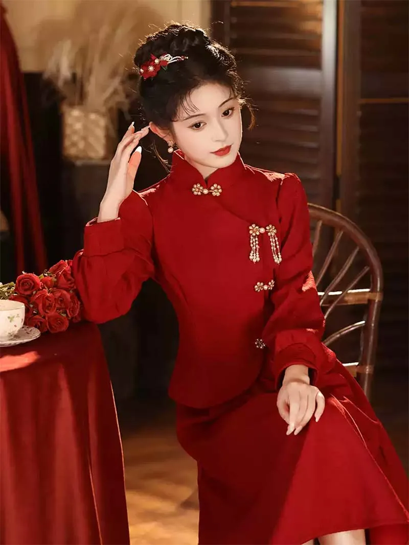 Red qipao for wedding, autumn winter thickened bridal set dress for engagement and banquet wear