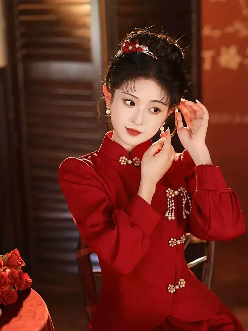 Red qipao for wedding, autumn winter thickened bridal set dress for engagement and banquet wear