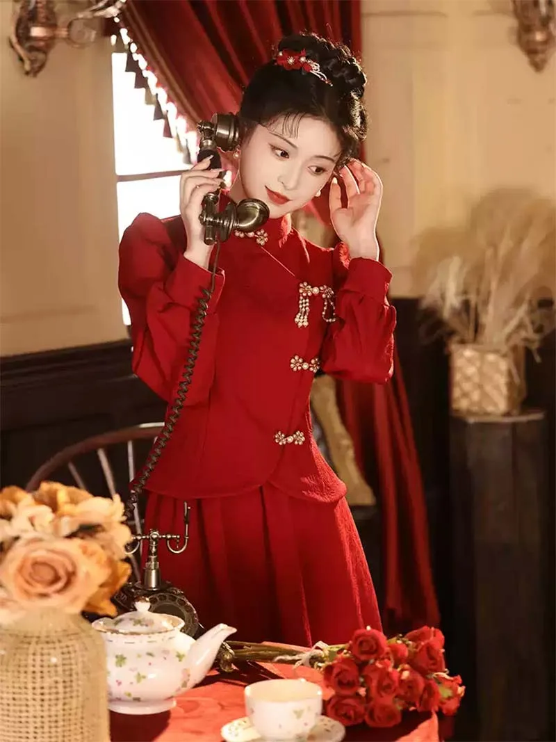 Red qipao for wedding, autumn winter thickened bridal set dress for engagement and banquet wear