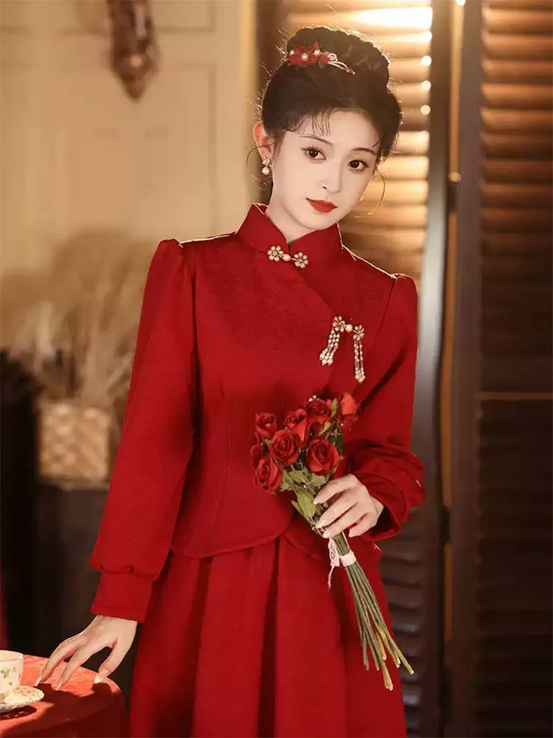 Red qipao for wedding, autumn winter thickened bridal set dress for engagement and banquet wear