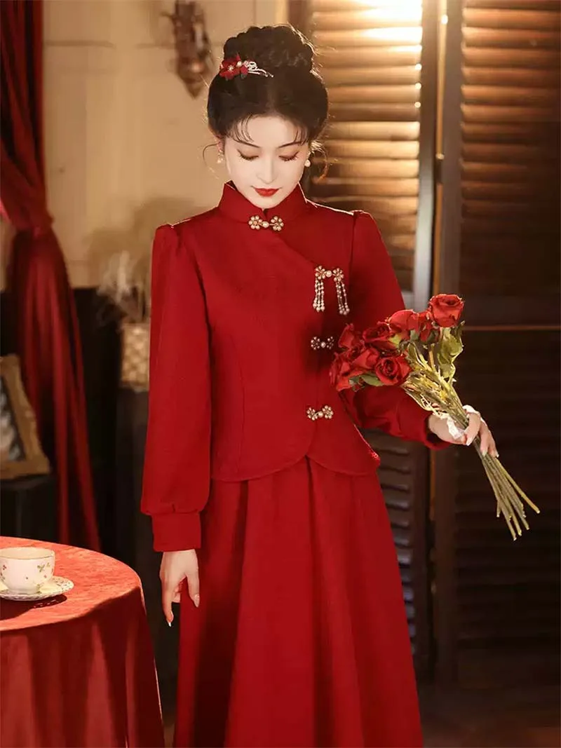 Red qipao for wedding, autumn winter thickened bridal set dress for engagement and banquet wear