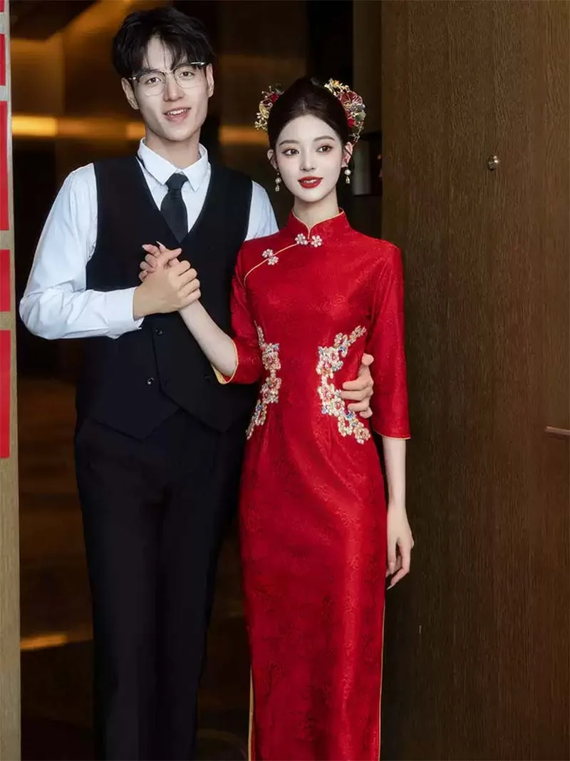 Red Qipao inspired wedding dress, long cheongsam bridal gown for engagement, tea ceremony, and wedding day celebrations in 2025 autumn style