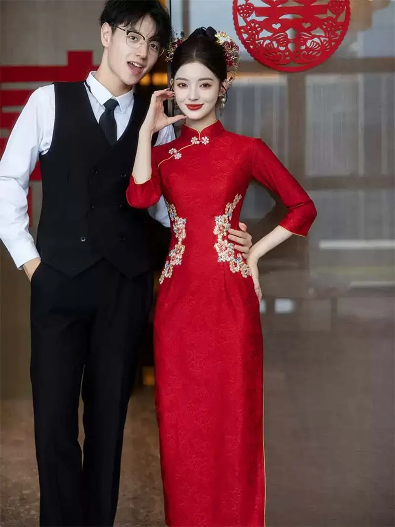 Red Qipao inspired wedding dress, long cheongsam bridal gown for engagement, tea ceremony, and wedding day celebrations in 2025 autumn style
