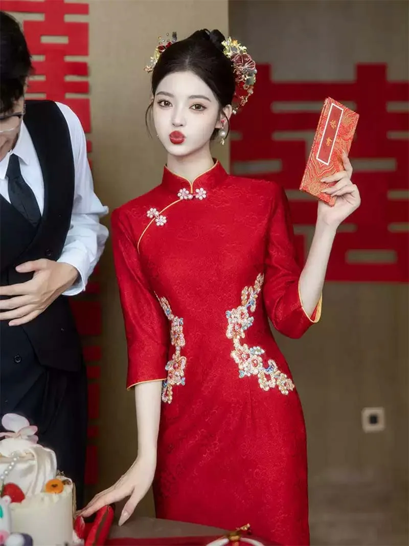 Red Qipao inspired wedding dress, long cheongsam bridal gown for engagement, tea ceremony, and wedding day celebrations in 2025 autumn style