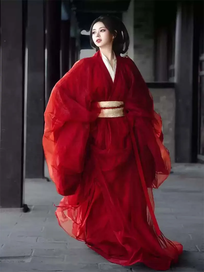 Red Hanfu Warring States robe with flowing long straight hem and cross-collar, elegant Chinese ancient style outfit for women