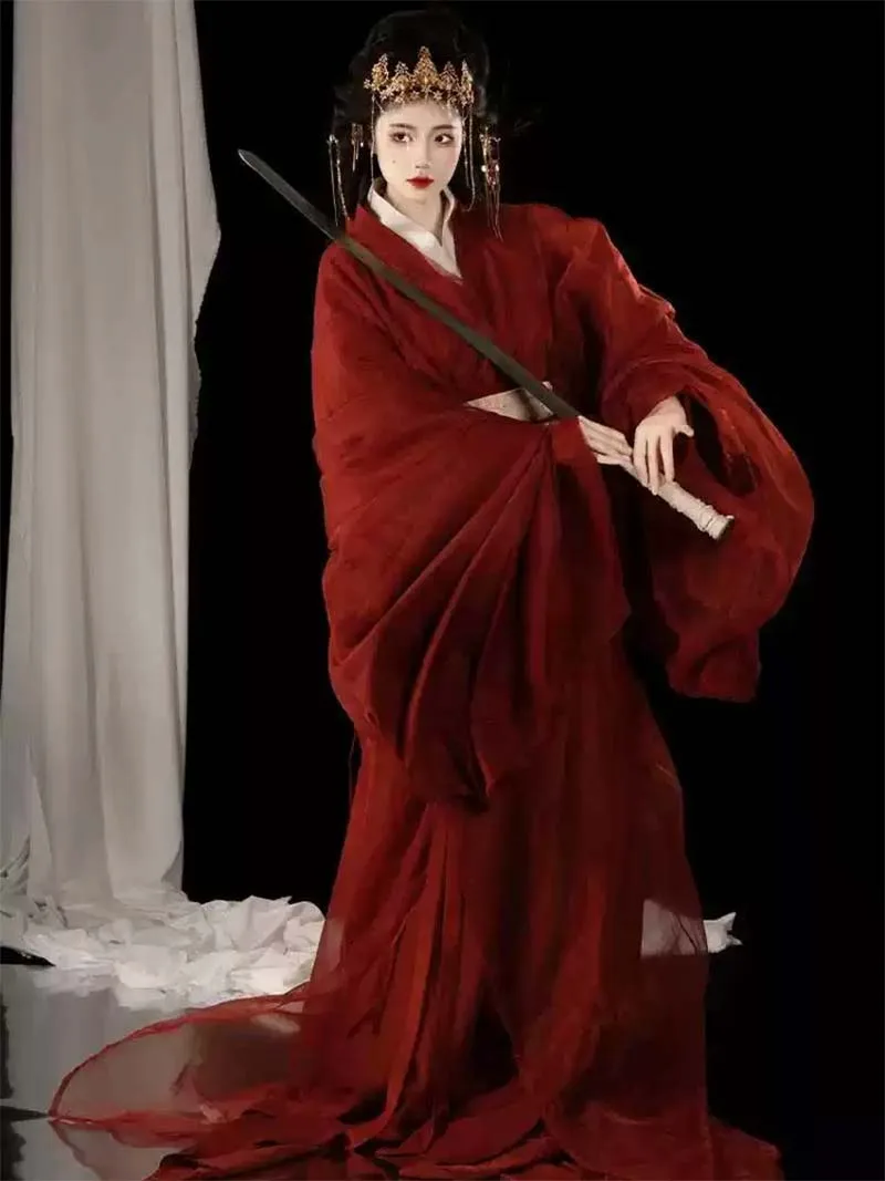 Red Hanfu Warring States robe with flowing long straight hem and cross-collar, elegant Chinese ancient style outfit for women