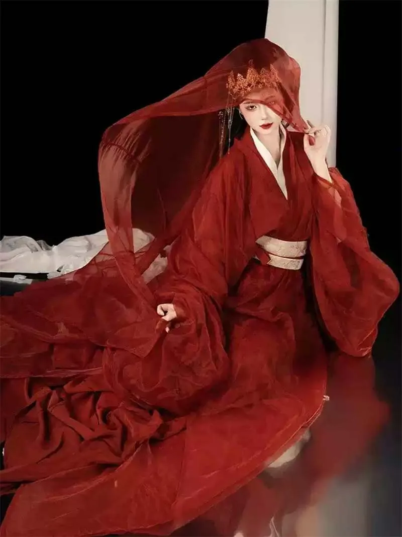 Red Hanfu Warring States robe with flowing long straight hem and cross-collar, elegant Chinese ancient style outfit for women
