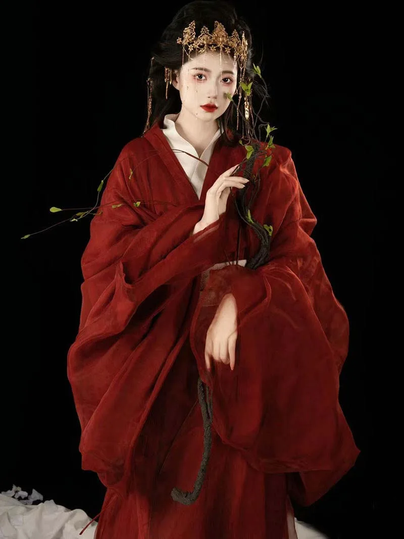 Red Hanfu Warring States robe with flowing long straight hem and cross-collar, elegant Chinese ancient style outfit for women