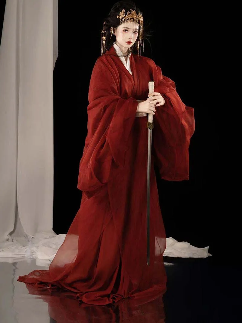 Red Hanfu Warring States robe with flowing long straight hem and cross-collar, elegant Chinese ancient style outfit for women
