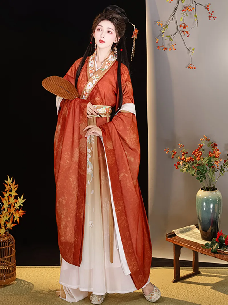 Elegant robe Hanfu with cross-collar, wide sleeves, printed skirt and fairy-style design for women