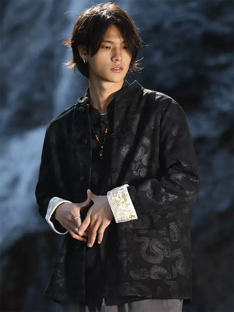 Velvet Tang suit for men with traditional frog buttons and loose-fit design, perfect for autumn and winter wear with a modern Chinese fashion touch.