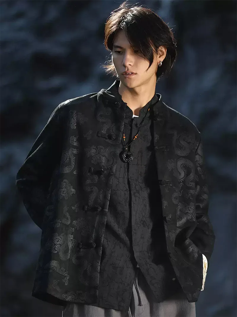 Velvet Tang suit for men with traditional frog buttons and loose-fit design, perfect for autumn and winter wear with a modern Chinese fashion touch.