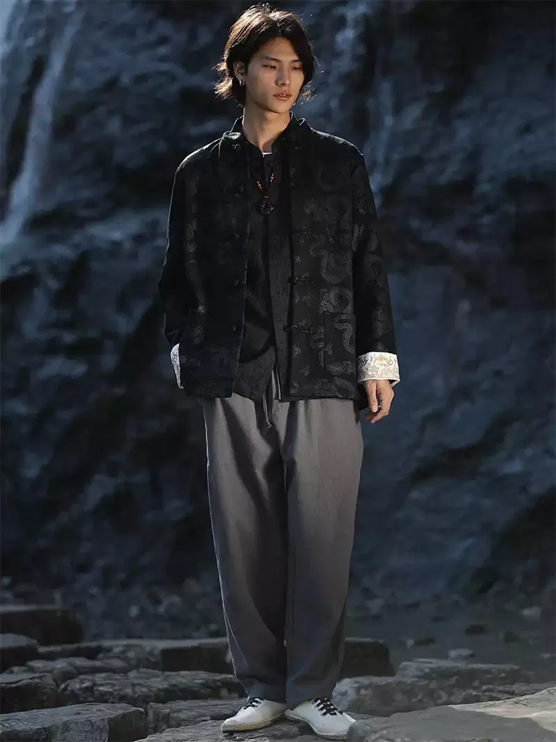 Velvet Tang suit for men with traditional frog buttons and loose-fit design, perfect for autumn and winter wear with a modern Chinese fashion touch.