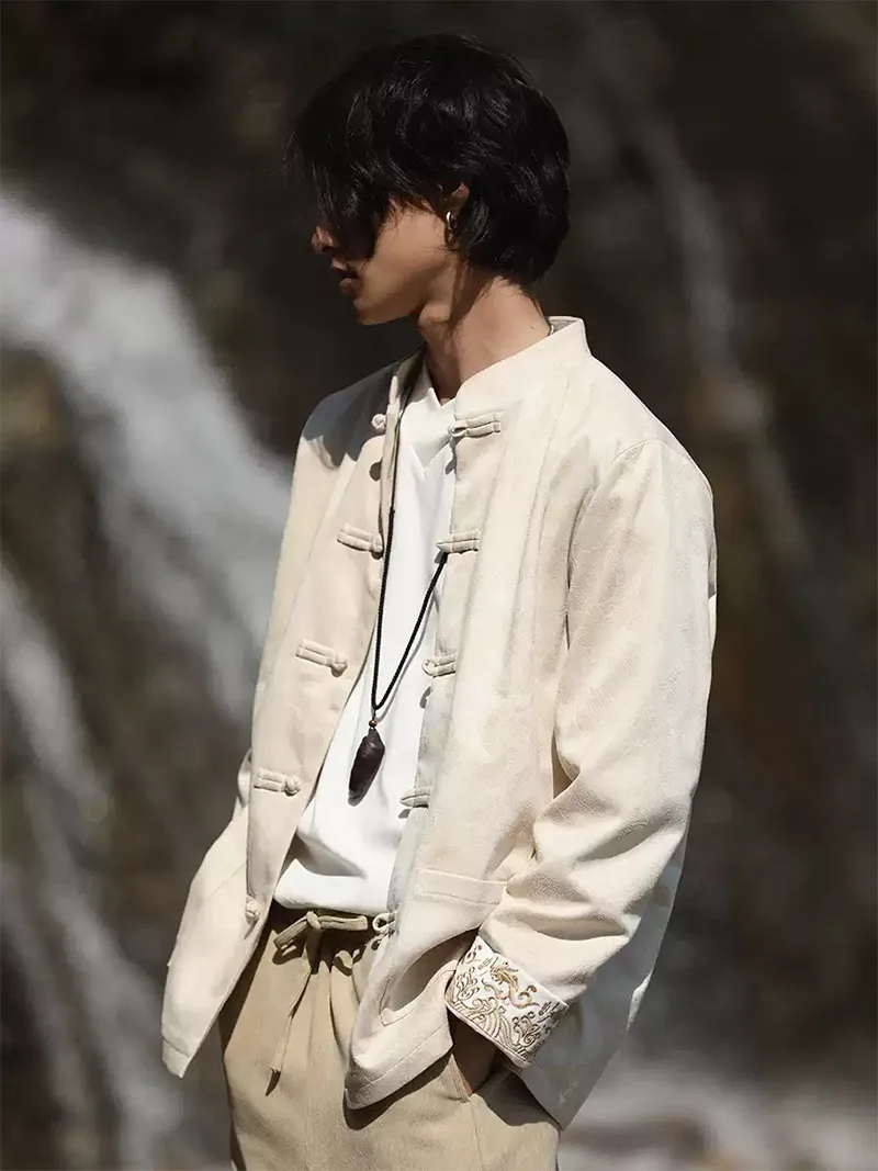 Velvet Tang suit for men with traditional frog buttons and loose-fit design, perfect for autumn and winter wear with a modern Chinese fashion touch.