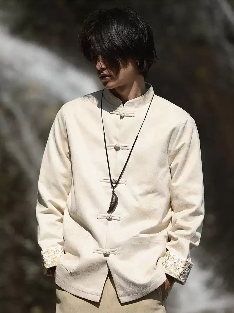 Velvet Tang suit for men with traditional frog buttons and loose-fit design, perfect for autumn and winter wear with a modern Chinese fashion touch.