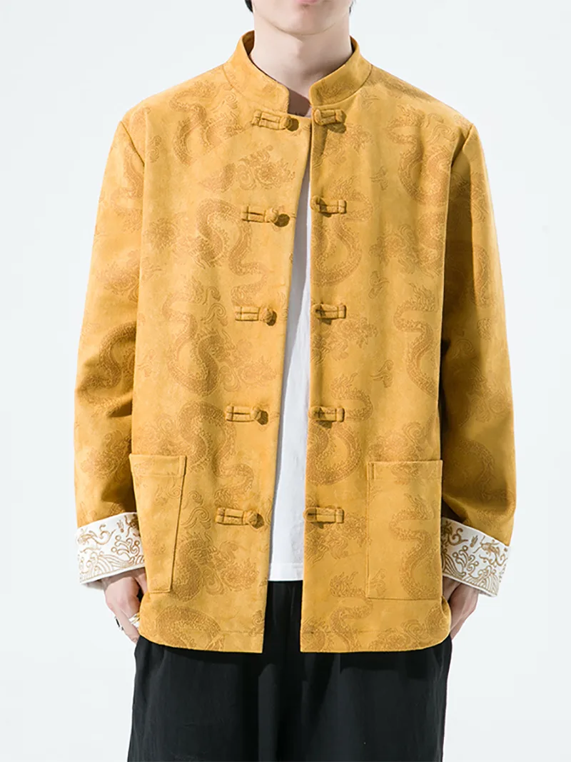 Velvet Tang suit for men with traditional frog buttons and loose-fit design, perfect for autumn and winter wear with a modern Chinese fashion touch.